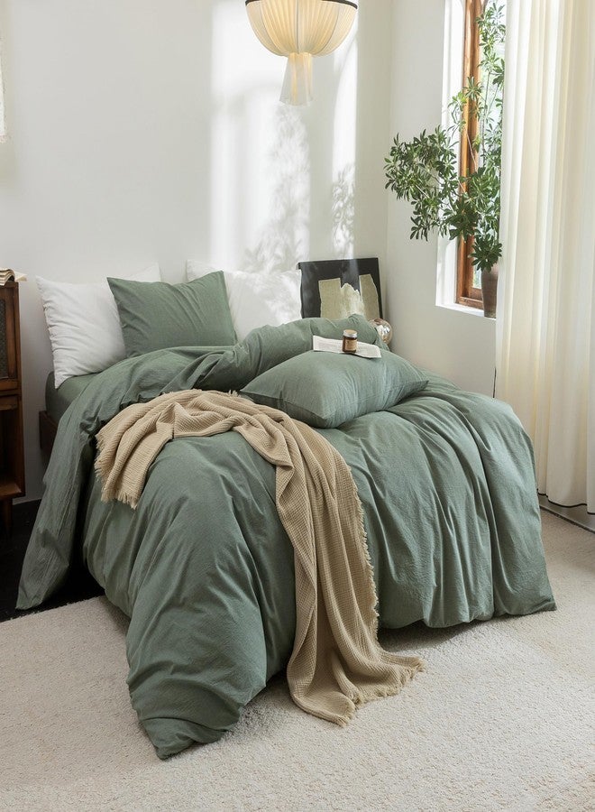 FOSSA Duvet Cover Set 100% Washed Cotton Linen Feel Super Soft Breathable Cozy Simple Style 3 Pieces Bedding Sets Solid Heathered Green King - Image 3
