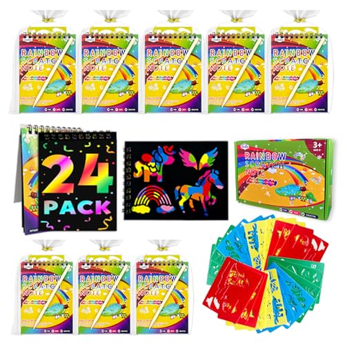 Decojoy Party Favors for Kids 48 Scratch Art Birthday Return Gifts Bulk Rainbow Scratch Paper Notebook 24 Set with Reusable Stencils Christmas Goodie Bags Stuffers for Girls Boys School Classroom - Image 1