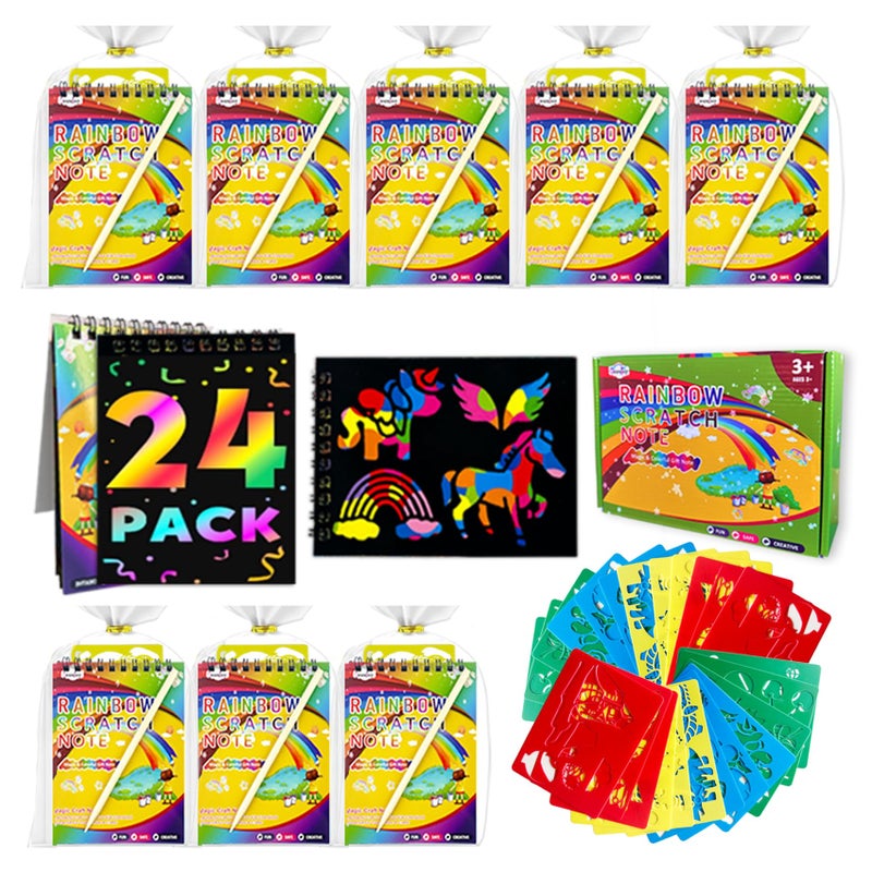 Decojoy Party Favors for Kids 48 Scratch Art Birthday Return Gifts Bulk Rainbow Scratch Paper Notebook 24 Set with Reusable Stencils Christmas Goodie Bags Stuffers for Girls Boys School Classroom - Image 2