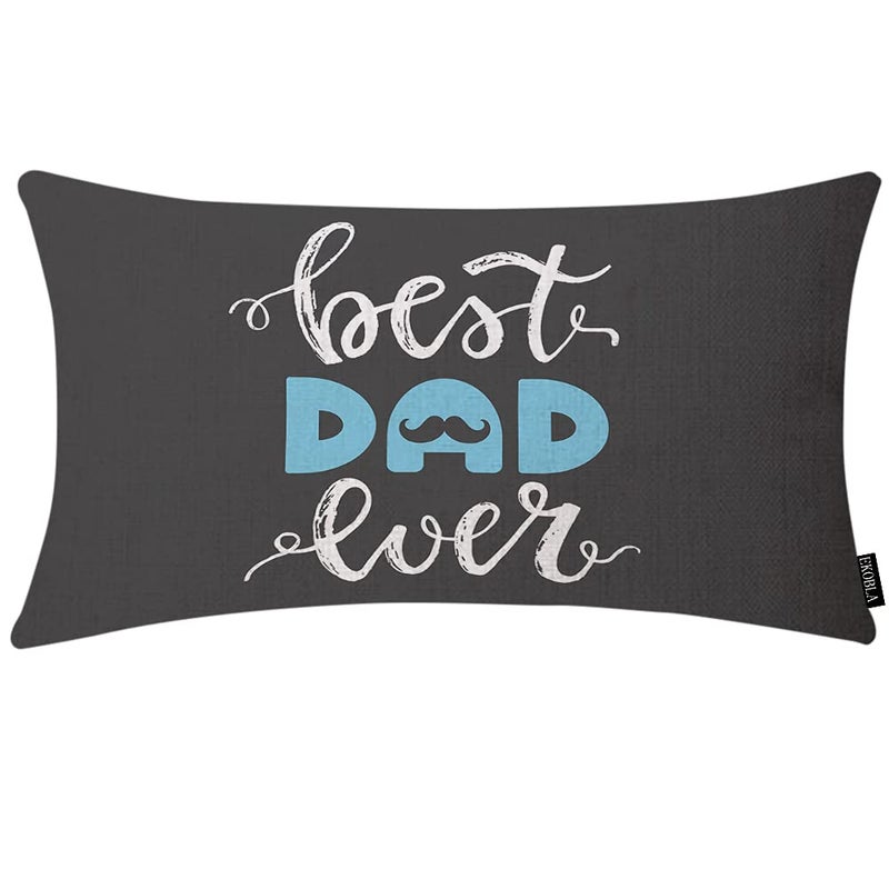 EKOBLA Happy Fathers Day Lumbar Pillow Cases Best Dad Ever Mustache Beard Calligraphy Blue Black White Decorative Throw Pillow Cover Rectangle Cushion Covers Cotton Linen 12x20 Inch for Men Women