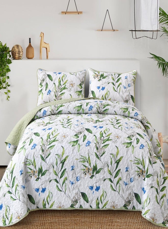 Anibedding Sage Green Botanical Quilt Set Queen,3 Pieces Floral Bedspread Reversible Lightweight Bedding Set with 2 Pillowcases for All Season(Sage Green,96"x90") - Image 1