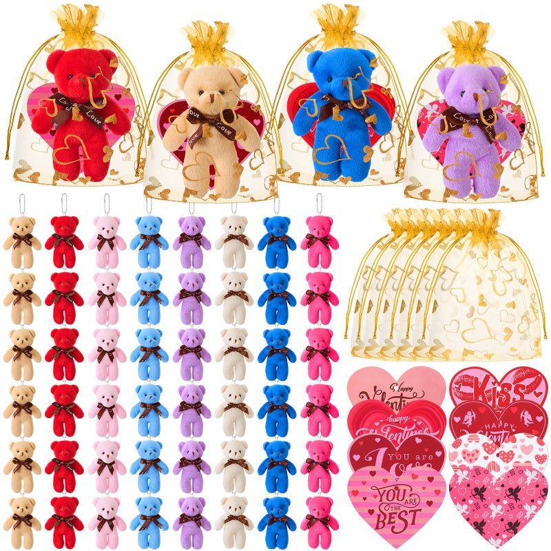 Kenning 144 Pcs Valentine's Day Gift Mini Bears with Heart Cards and Organza Bags Bear Stuffed Keychain for Valentine's Party Favor Supplies Exchange Game Prizes - Image 1