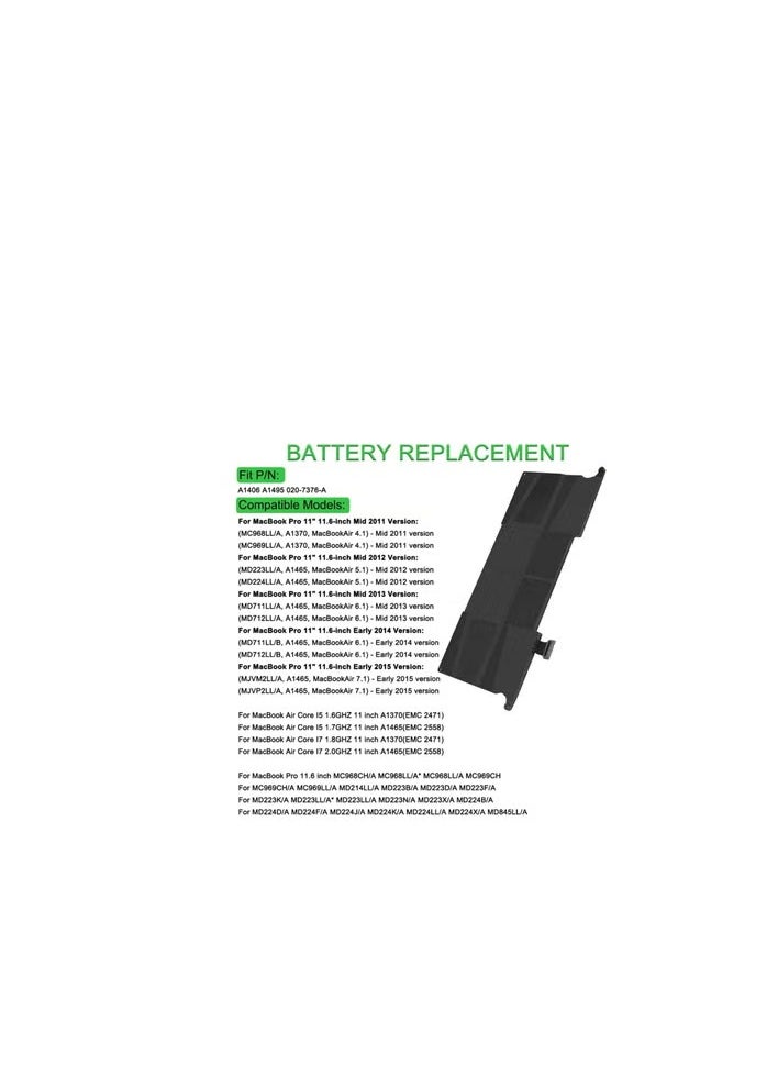 Generic 7.3V 4680mAh 35Wh Replacement Laptop Battery Compatible with A1406 and A1495 Batteries for 11 inch Laptop, Models A1465 (Mid 2012, 2013, Early 2014) and A1370 (2011, MC968LL - A).  - Image 1