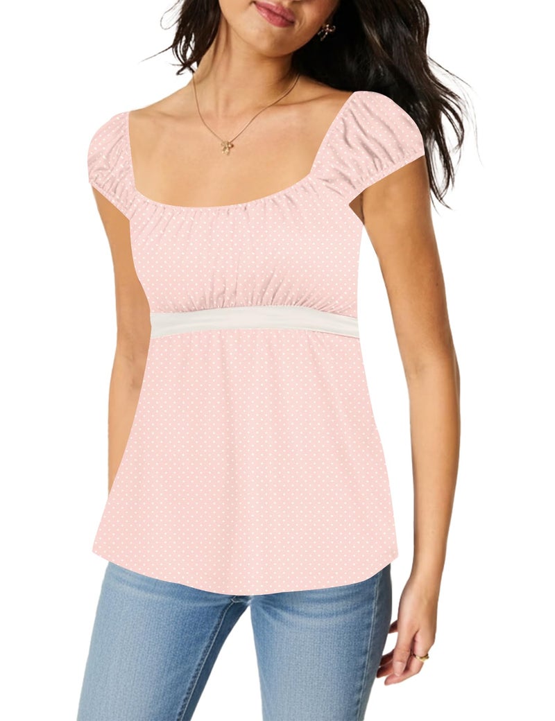 Rapbin Polka Dot Baby Doll Tops for Woman 2026 Summer Tie Short Sleeve Pleated Square Neck Y2k Tank Top Easy Fit Flared Hem Flowy Shirts (Pink, M) - Image 1