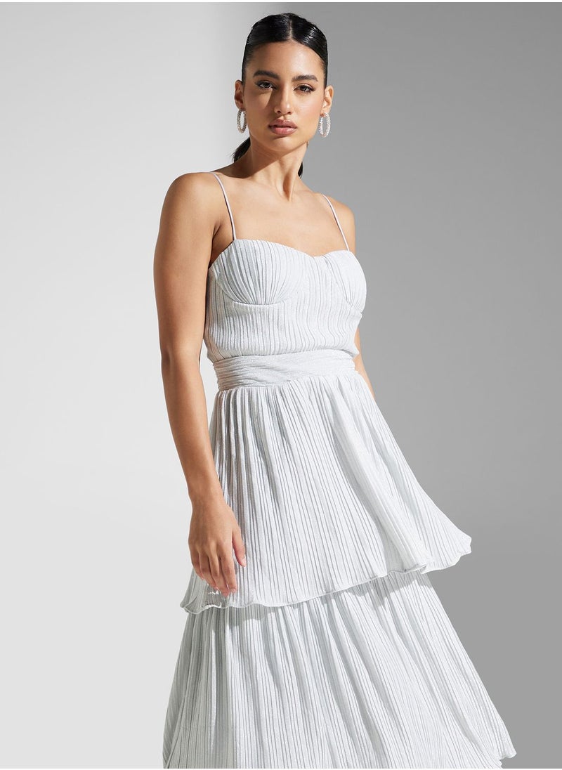 True Decadence - Metallic Pleated Tiered Dress - Image 1