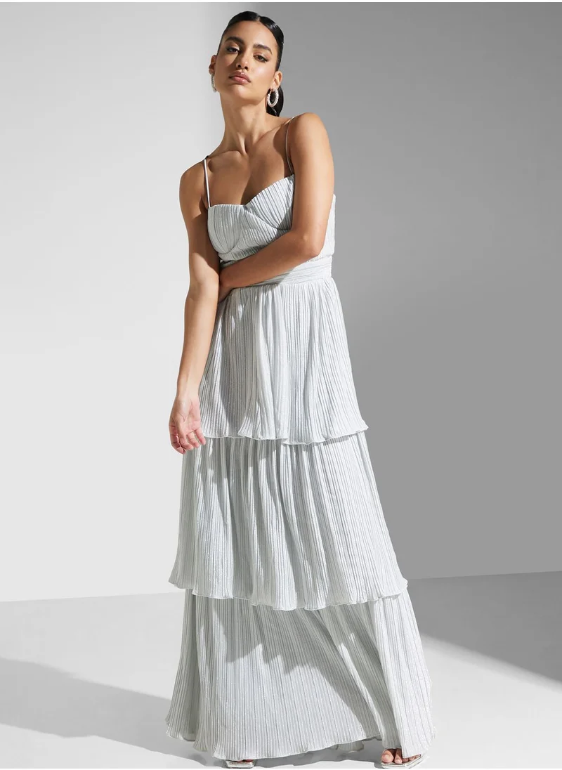 True Decadence Metallic Pleated Tiered Dress