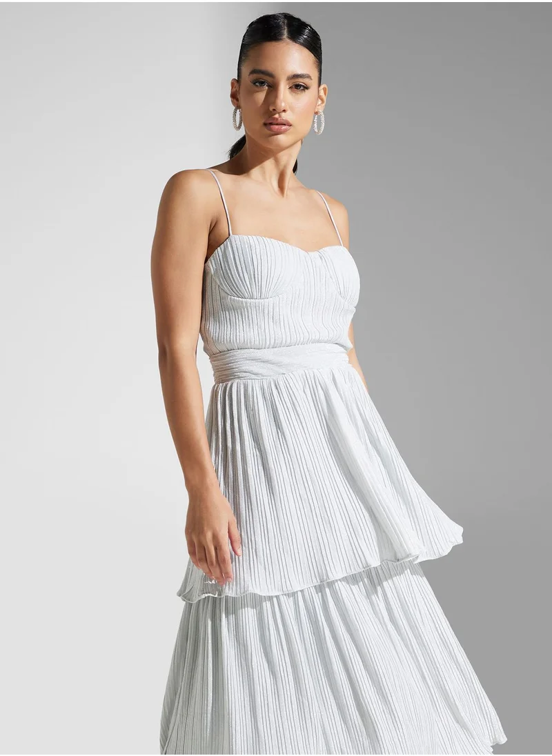 True Decadence Metallic Pleated Tiered Dress