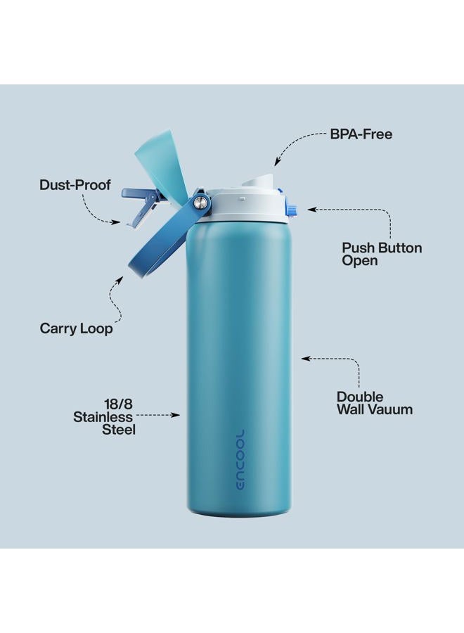 ENCOOL Insulated Water Bottle with Straw - Encool Stainless Steel Water Bottle with Push Button Lid, Leak-Proof & BPA-Free, Keeps Cold for 24 Hours for Sports, Travel, Gym (32 oz, Silk Blue) - Image 4