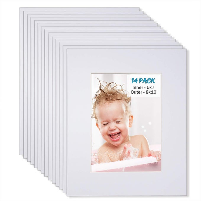 8X10 WHITE PICTURE MATS PACK OF 14 FRAME MATTES FOR 5X7 PICTURES ACID FREE 12MM THICKNESS WITH CORE BEVEL CUT