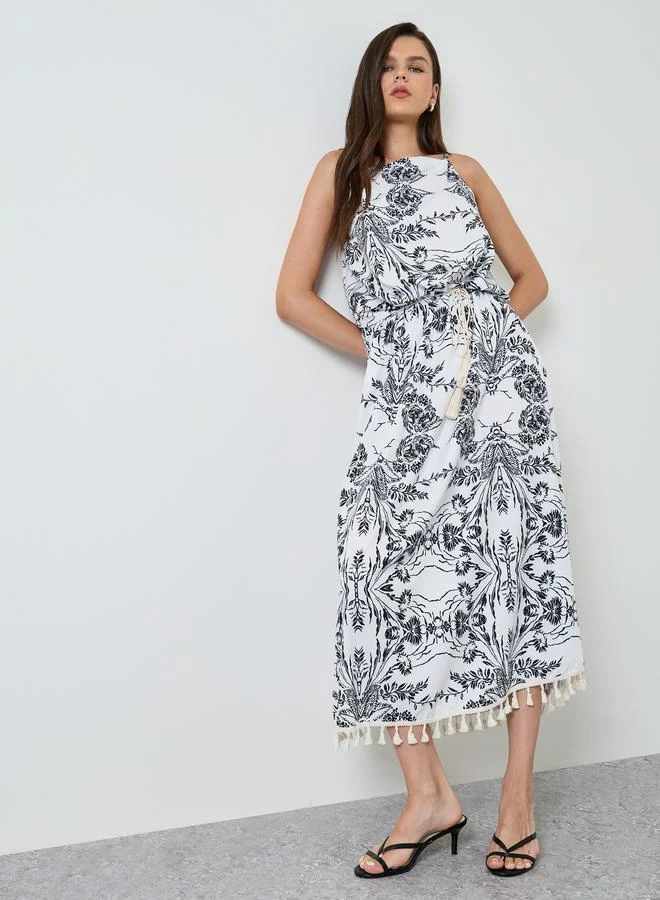 Take Two Multi-Color Graphic Print Tassel Details Strappy A-Line Maxi Dress