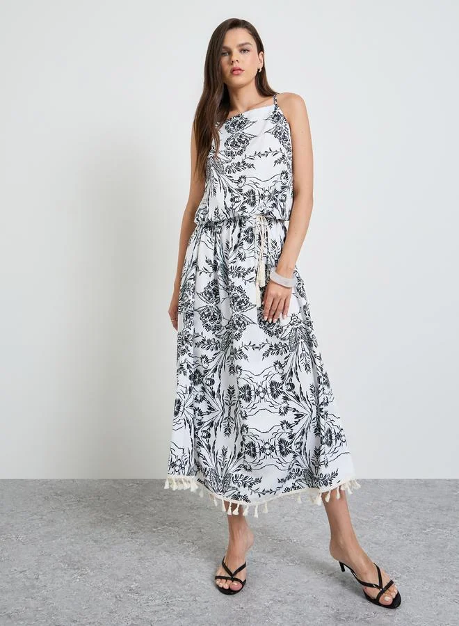 Take Two Multi-Color Graphic Print Tassel Details Strappy A-Line Maxi Dress