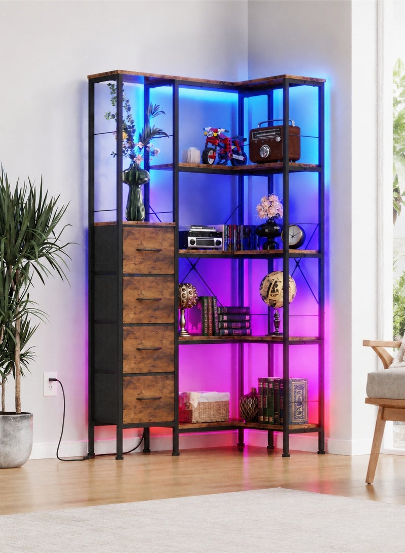 يانارا رف كتب زاوية بشرائط إضاءة LED و4 أدراج قماشية – رف زاوية قابل للتحويل بـ 5 طبقات مع رف عرض، رف كتب صناعي كبير لغرفة المعيشة وغرفة النوم والمكتب المنزلي، لون بني ريفي - Image 4