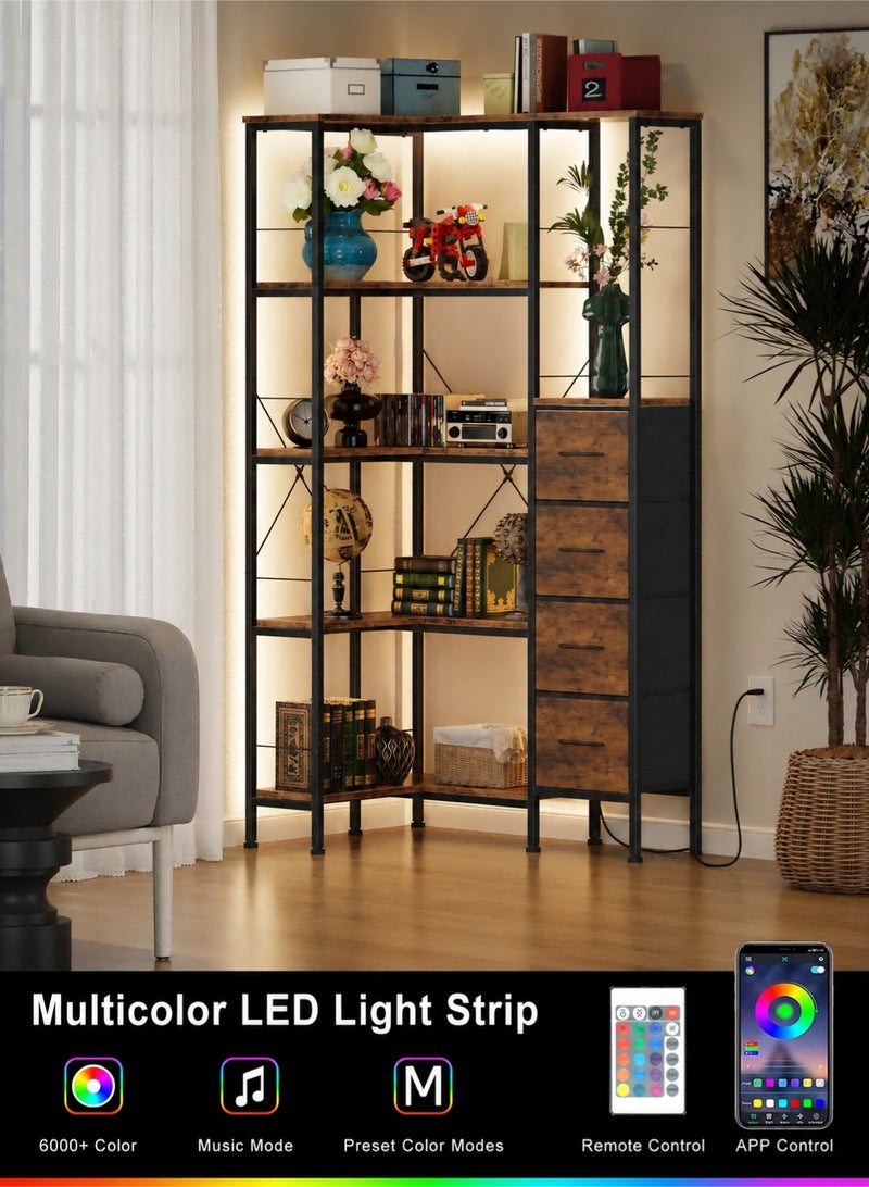يانارا رف كتب زاوية بشرائط إضاءة LED و4 أدراج قماشية – رف زاوية قابل للتحويل بـ 5 طبقات مع رف عرض، رف كتب صناعي كبير لغرفة المعيشة وغرفة النوم والمكتب المنزلي، لون بني ريفي - Image 5