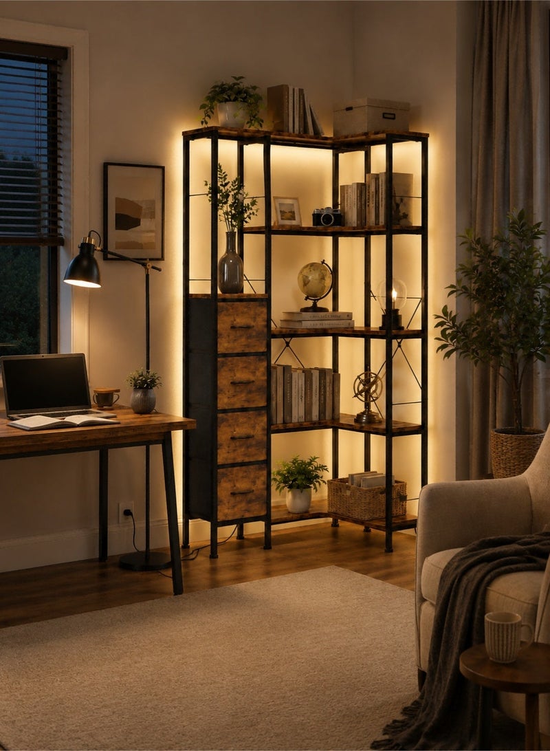 يانارا رف كتب زاوية بشرائط إضاءة LED و4 أدراج قماشية – رف زاوية قابل للتحويل بـ 5 طبقات مع رف عرض، رف كتب صناعي كبير لغرفة المعيشة وغرفة النوم والمكتب المنزلي، لون بني ريفي - Image 2