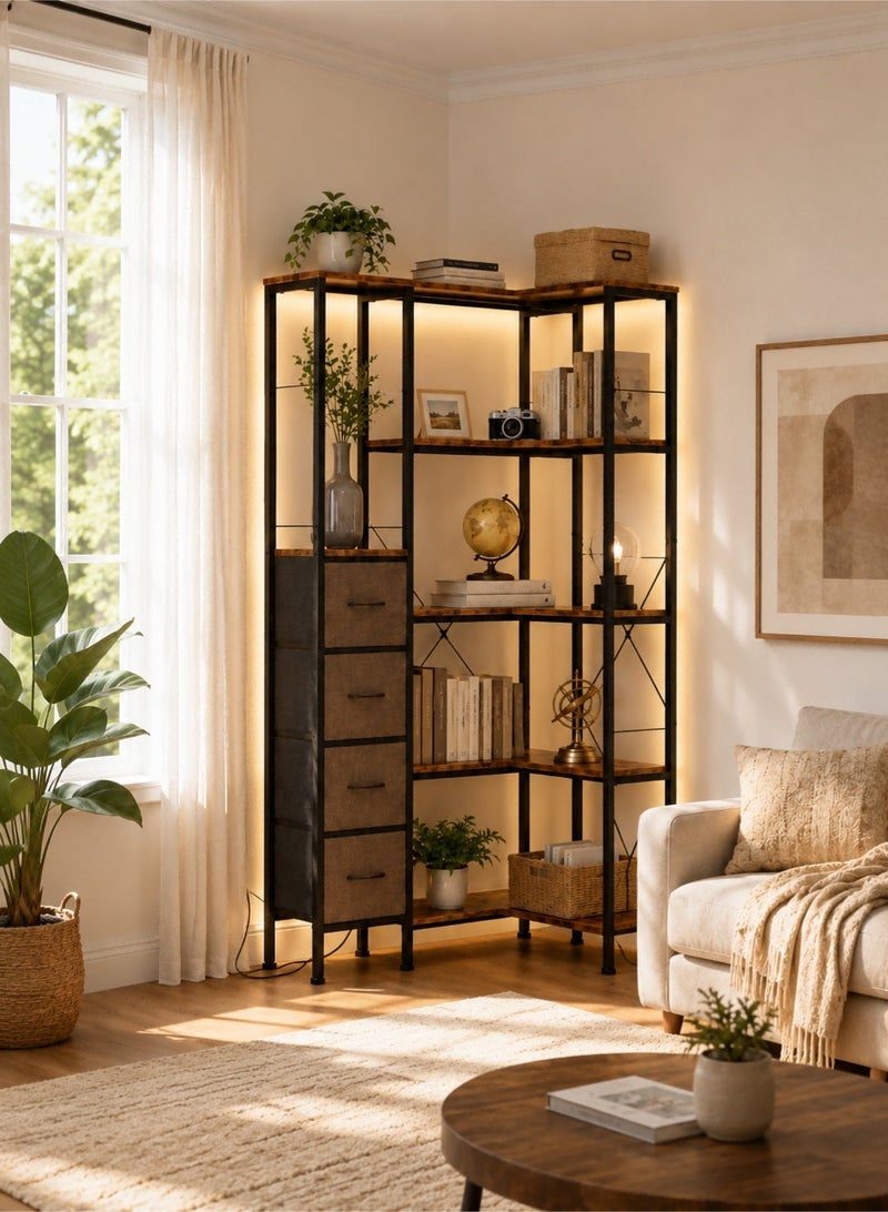 يانارا رف كتب زاوية بشرائط إضاءة LED و4 أدراج قماشية – رف زاوية قابل للتحويل بـ 5 طبقات مع رف عرض، رف كتب صناعي كبير لغرفة المعيشة وغرفة النوم والمكتب المنزلي، لون بني ريفي - Image 1