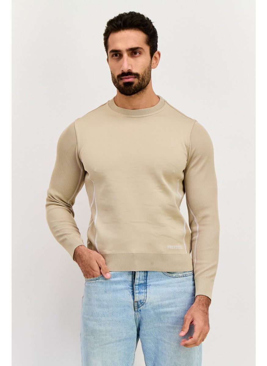 Free Soul Men Crew Neck Brand Logo Long Sleeve Sweatshirt, Beige  - Image 1