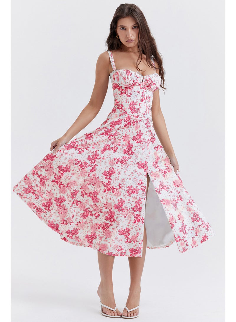 SCACTO Floral Print Bustier Top Lace Up Split Midi Dress 