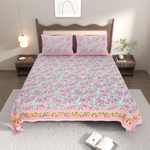 EasyGoods® 100% Pure Cotton Jaipuri Bedsheet with Pillow Covers | Soft & Breathable Fabric | Traditional Floral Print | Cotton Bedsheet (Light Pink, King) - Image 2