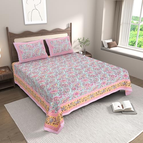 EasyGoods® 100% Pure Cotton Jaipuri Bedsheet with Pillow Covers | Soft & Breathable Fabric | Traditional Floral Print | Cotton Bedsheet (Light Pink, King) - Image 1