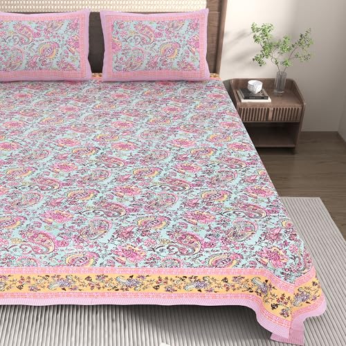 EasyGoods® 100% Pure Cotton Jaipuri Bedsheet with Pillow Covers | Soft & Breathable Fabric | Traditional Floral Print | Cotton Bedsheet (Light Pink, King) - Image 3