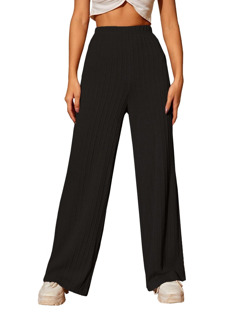 TOPLOT Women's Ribbed Knit Wide-Leg Pants || Trousers for Woman (Jqrd-Trouser-5252-Black-34) - Image 4