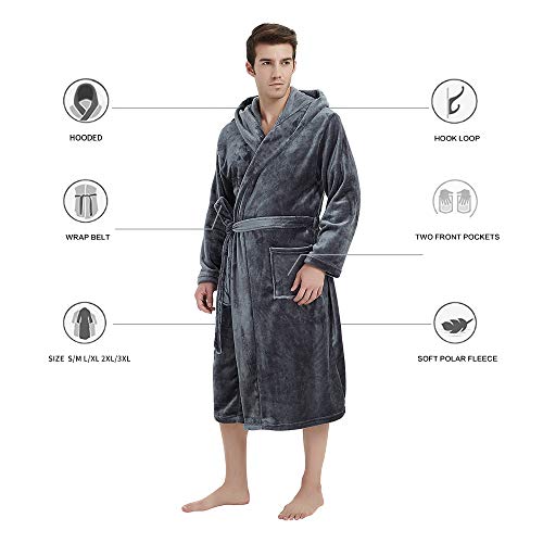 U2SKIIN Mens Fleece Hooded Robe Plush Bathrobe (Dark Grey, L/XL) - Image 5
