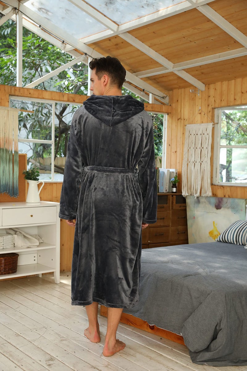 U2SKIIN Mens Fleece Hooded Robe Plush Bathrobe (Dark Grey, L/XL) - Image 2