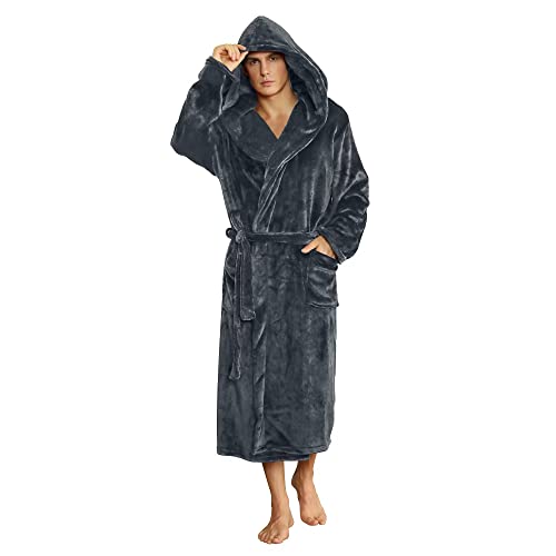 U2SKIIN Mens Fleece Hooded Robe Plush Bathrobe (Dark Grey, L/XL) - Image 1