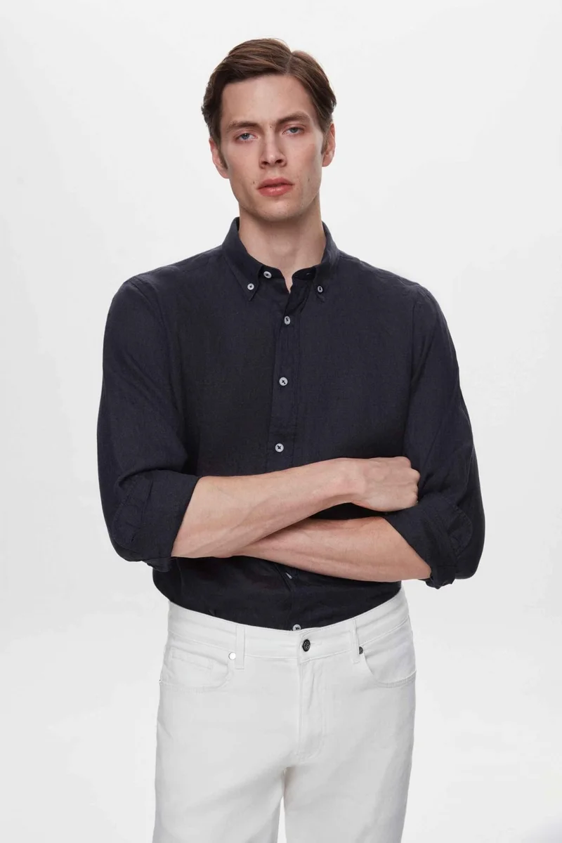 دي أس دامات Comfort Navy Blue 100% Linen Shirt 2HC02G803265M