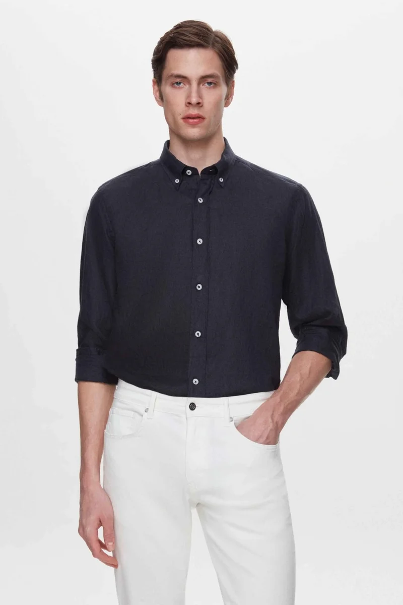 دي أس دامات Comfort Navy Blue 100% Linen Shirt 2HC02G803265M