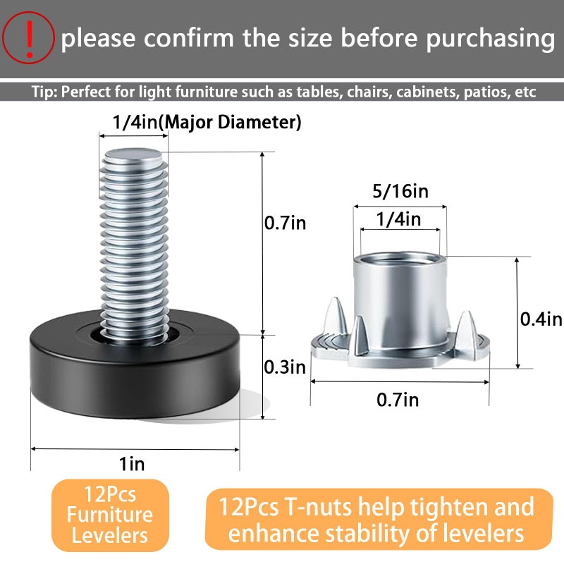 Celuisiva 1/4" Thread Leveling Feet, 12 PCS Adjustable Furniture Levelers with T-Nuts, Threaded Screw-in Table Feet for Individual Adjustment - Image 2