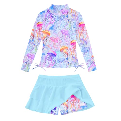 Vogseek Girls Bikini Swimwear Girls Bathing Suits Size 5-6 Rashguard Sunsuit for Kids Blue Tankini Swimsuit Half Zip Rash Guard Set for Girls 5-6T 2 Piece Jellyfish Purple Blue Cute Bikini Beachwear Pool - Image 5
