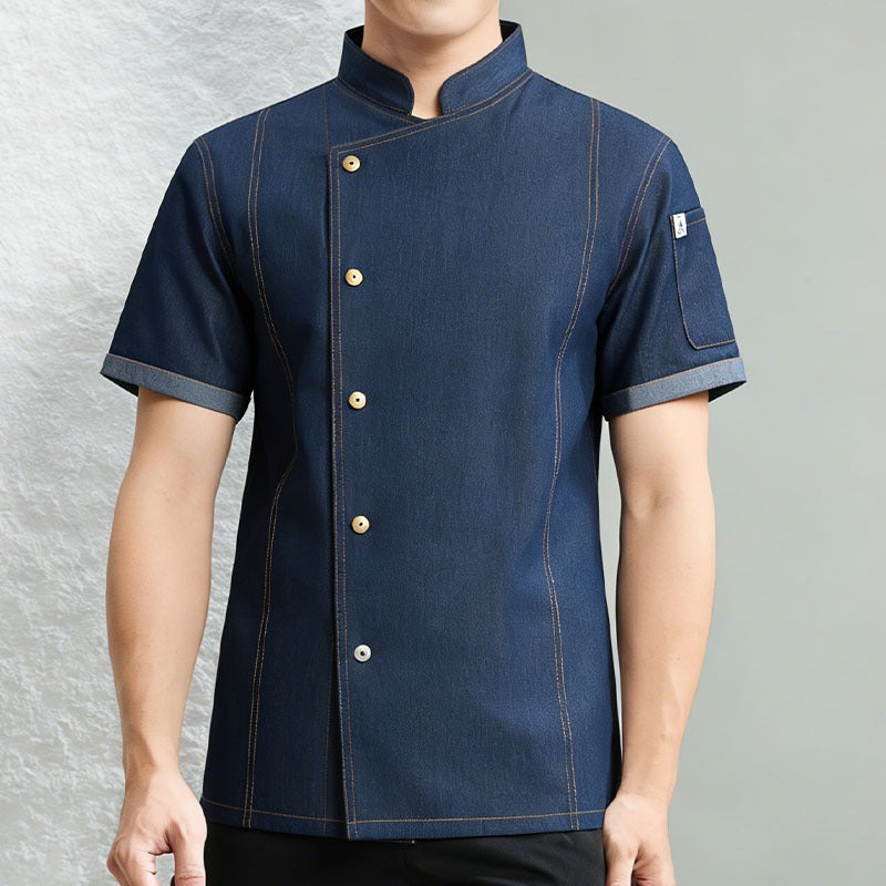 Chef Work Clothes Short-Sleeved Denim Style Kitchen And Back-Of-The-Kitchen Clothing For Men, Chinese And Western Catering, El Chef Uniforms - Image 1