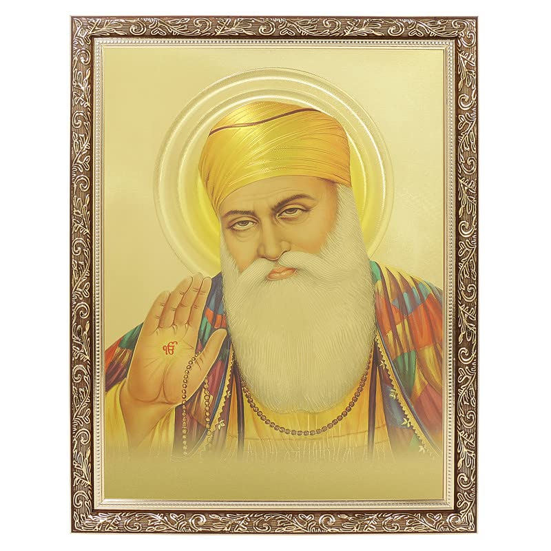 BM TRADERS Guru Nanak Golden Foil Art Work Photo In Copper Gold Artwork Frame Big 14 X 18 Inches