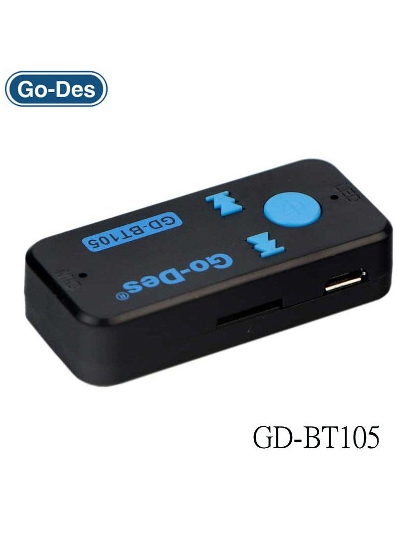 GO-DES GD-BT105 Car Bluetooth Adapter Hands-Free Kit - Wireless Music Adapter for Phones, Supports Stereo Audio System, TF Card Reader, & 3.5mm Audio Port – Easy Connectivity for Music Streaming & Hands-Free Calls in Your Car - Image 4