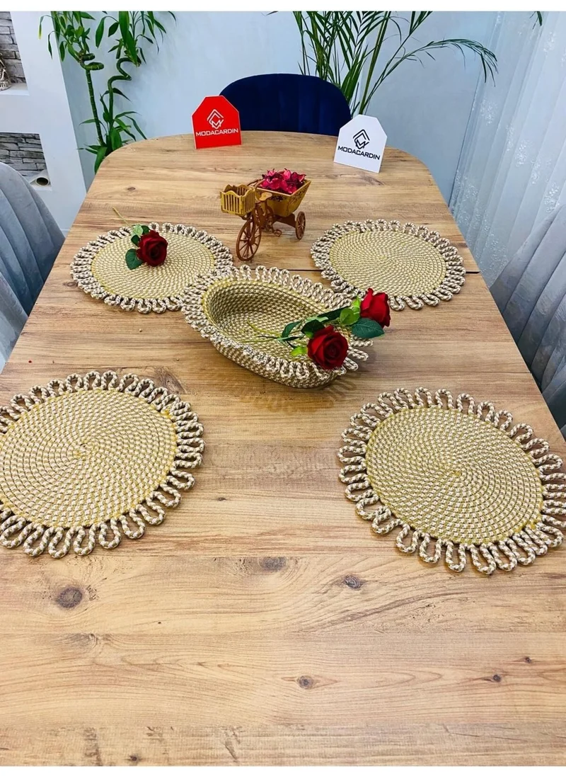 BDZ Deri BDZ Leather Jute Wicker American Service Plate and Basket 5 Pieces