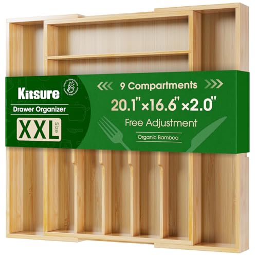 Kitsure Silverware Organizer Expandable Bamboo Kitchen Drawer Organizer for Cooking Utensils and Cutlery Sturdy Thickened Kitchen Organizers and Storage Solution XXLarge Natural - Image 1
