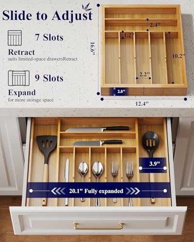 Kitsure Silverware Organizer Expandable Bamboo Kitchen Drawer Organizer for Cooking Utensils and Cutlery Sturdy Thickened Kitchen Organizers and Storage Solution XXLarge Natural - Image 3