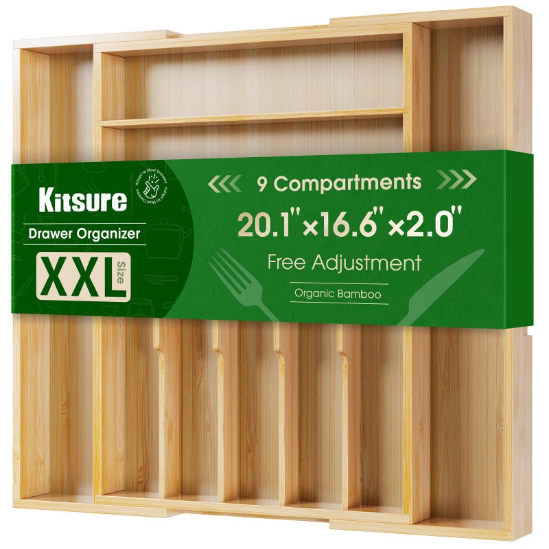 Kitsure Silverware Organizer Expandable Bamboo Kitchen Drawer Organizer for Cooking Utensils and Cutlery Sturdy Thickened Kitchen Organizers and Storage Solution XXLarge Natural - Image 2