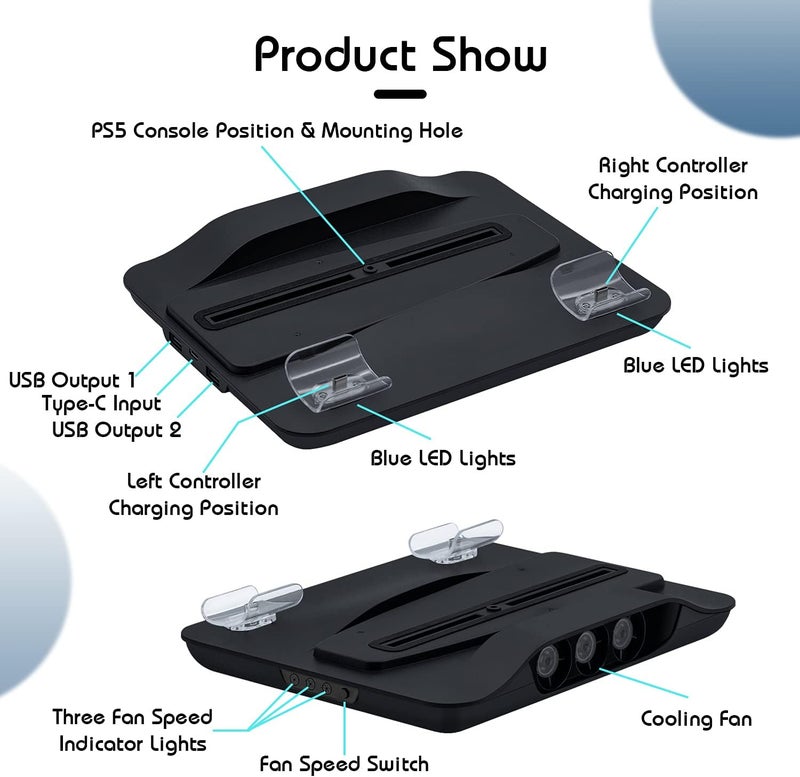 Mcbazel مروحة تبريد ومحطة شحن مزدوجة لجهاز PS5، محطة تبريد وقاعدة شحن مع منافذ USB إضافية لجهاز بلاي ستيشن 5 UHD والإصدار الرقمي - أسود (غير متوافق مع PS5 Slim/Pro) - Image 5