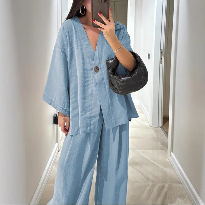 Women's Fashion Casual Tracksuit Set with V-Neck Top and Wide-Leg Pants - Image 1