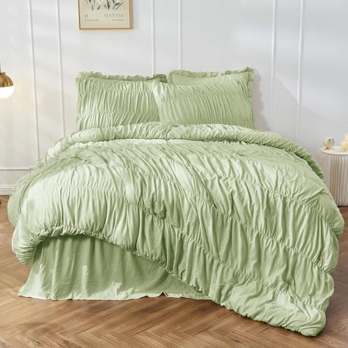 Bonlino King Size Comforter Set Bedding - Ruched Sage Green Comforter King Bed Set Boho Shabby Chic Bedding for Bedroom Comforter Fluffy 3 Piece Ruffle Comforter Set Green Luxury Bedding - Image 1