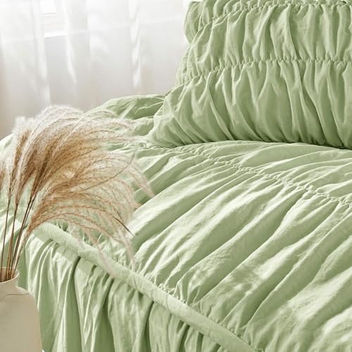 Bonlino King Size Comforter Set Bedding - Ruched Sage Green Comforter King Bed Set Boho Shabby Chic Bedding for Bedroom Comforter Fluffy 3 Piece Ruffle Comforter Set Green Luxury Bedding - Image 3