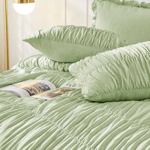 Bonlino King Size Comforter Set Bedding - Ruched Sage Green Comforter King Bed Set Boho Shabby Chic Bedding for Bedroom Comforter Fluffy 3 Piece Ruffle Comforter Set Green Luxury Bedding - Image 4