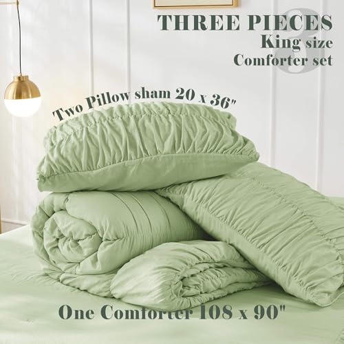 Bonlino King Size Comforter Set Bedding - Ruched Sage Green Comforter King Bed Set Boho Shabby Chic Bedding for Bedroom Comforter Fluffy 3 Piece Ruffle Comforter Set Green Luxury Bedding - Image 5