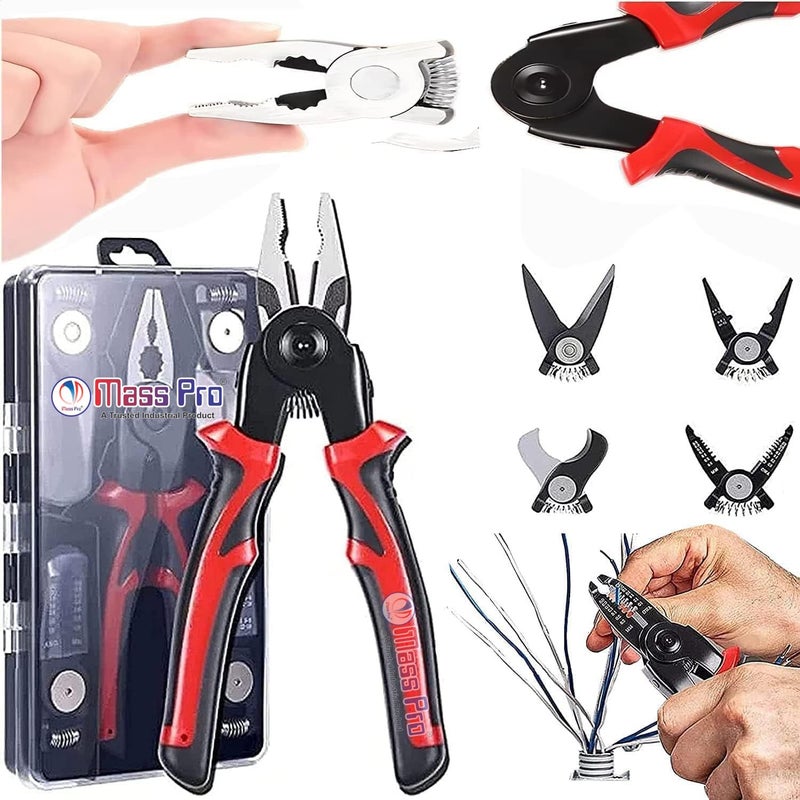 Mass Pro Mass Pro 5 in 1 multifunctional Pliers Tool Kit With 5 Interchangeable Heads Special For Electricians Combination Lineman PliersCable CuttingWire StrippingSheet Metal Shear with Storage Box  - Image 1