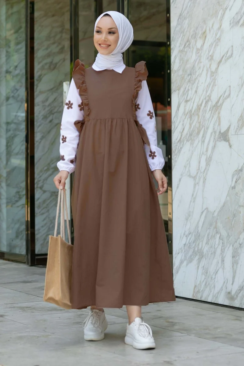 Tofisa Plain Crew Neck Women's Brown Shirt + Dress - 10510