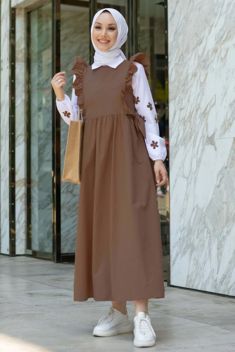 Tofisa Plain Crew Neck Women's Brown Shirt + Dress - 10510