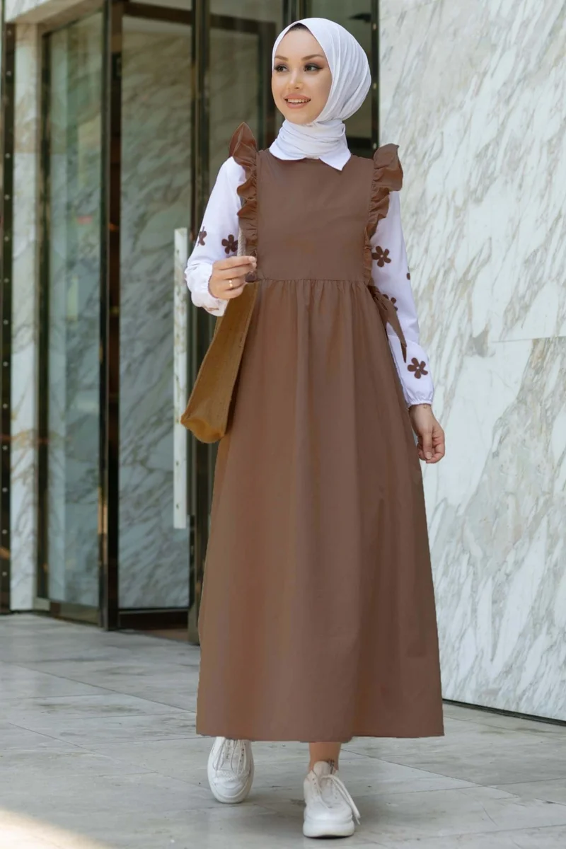 Tofisa Plain Crew Neck Women's Brown Shirt + Dress - 10510