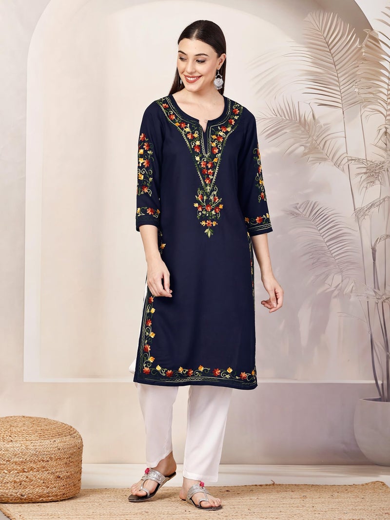 QAZMI Women's Aafreen Kashmiri Aari Embroidered 3/4 Sleeves Viscose Rayon Kurta Navy Blue - Image 5